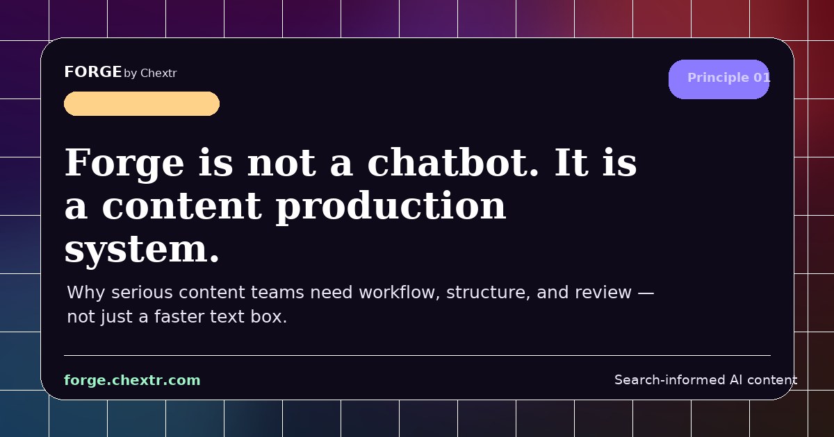 SERPSEOLOGY by Forge visual card for Forge is not a chatbot. It is a content production system.