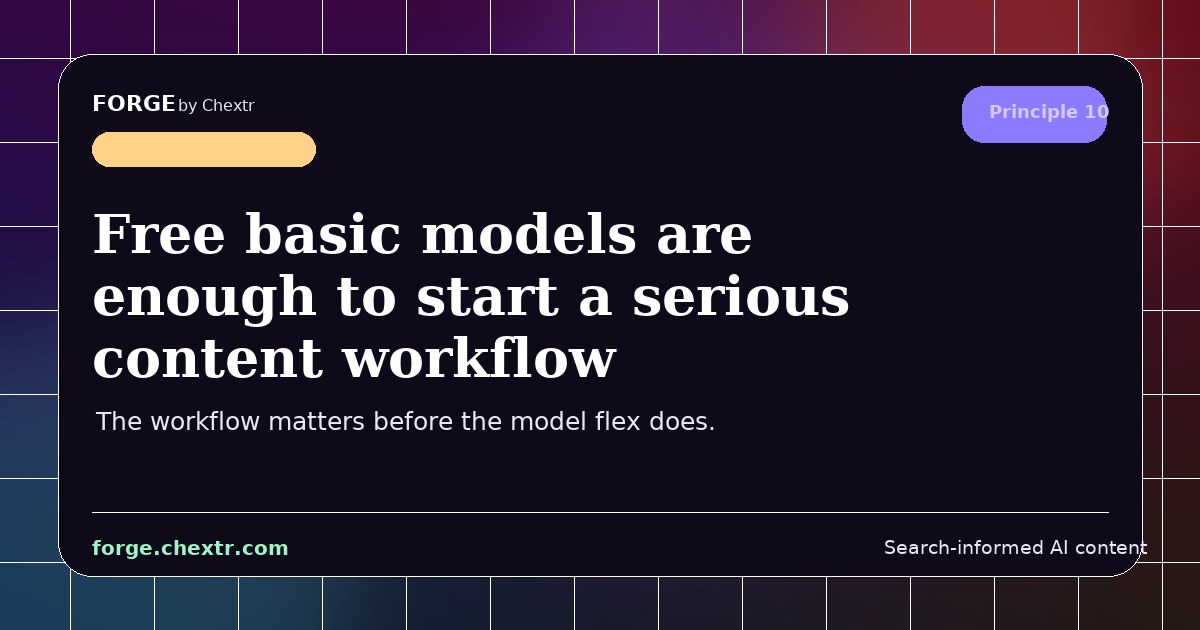 SERPSEOLOGY by Forge visual card for Free basic models are enough to start a serious content workflow