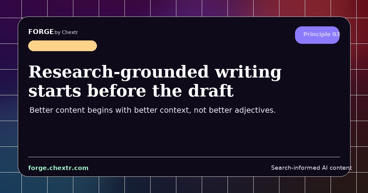 SERPSEOLOGY by Forge visual card for Research-grounded writing starts before the draft